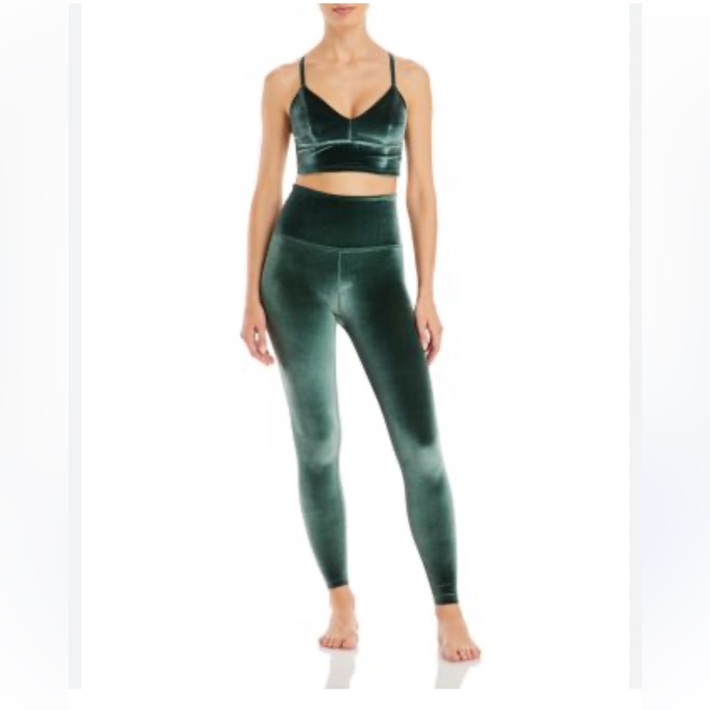 Beyond Yoga Set Emerald Green Velvet High-Rise Leggings Plus Strappy Top